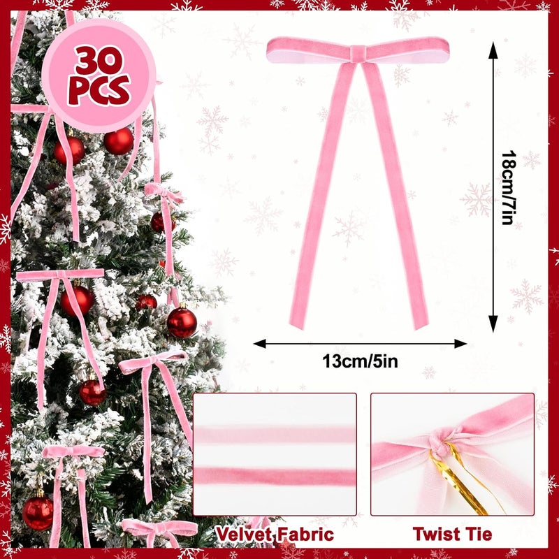 REDWORD 30PCs Pink Bows for Christmas Tree, 5 x 7 Inch Pink Velvet Bows Velvet Christmas Ornaments Pink Christmas Tree Bows for Vintage Christmas Decor Holiday Decor, Gift Wrapping and Wedding - Image 2